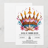 ガーリーカスタムプリンセスクラウン誕生日 招待状 (正面/裏面)