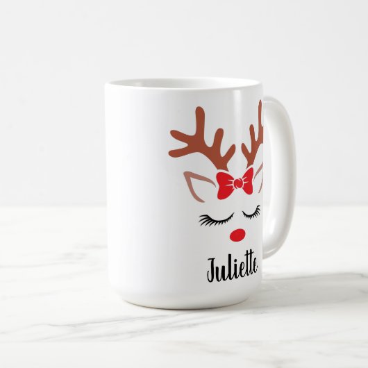 ガーリークリスマスのトナカイの赤い弓の鼻パーソナライズされた コーヒーマグカップ (正面右)