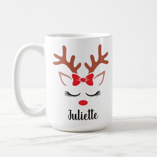 ガーリークリスマスのトナカイの赤い弓の鼻パーソナライズされた コーヒーマグカップ (左)