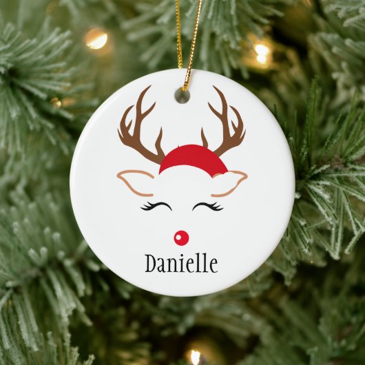 ガーリークリスマスのトナカイ赤い鼻サンタハット セラミックオーナメント (ツリー)