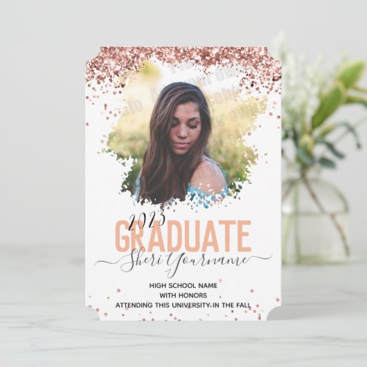 ガーリーグリッターとスクリプトによる一写真卒業 案内状 (スタンド正面)