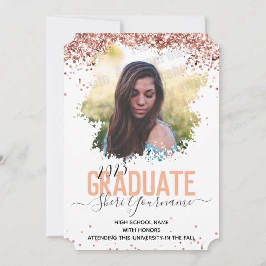 ガーリーグリッターとスクリプトによる一写真卒業 案内状 (正面)