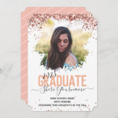 ガーリーグリッターとスクリプトによる一写真卒業 案内状 (正面/裏面)