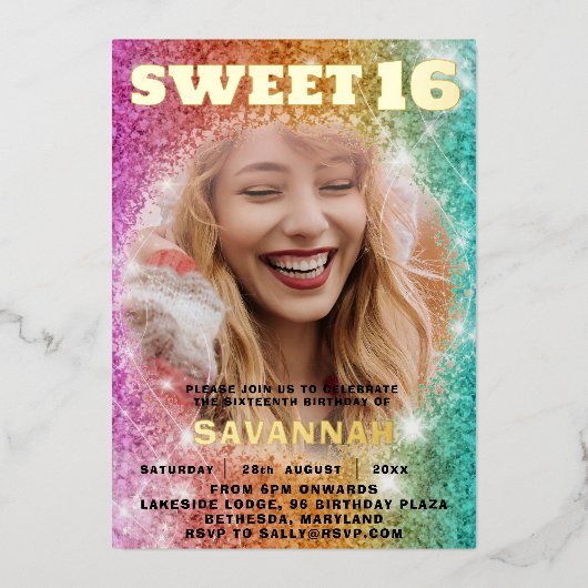 ガーリーグリッターカラフルスウィート16パーティー 箔招待状 (正面)