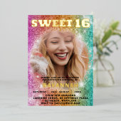 ガーリーグリッターカラフルスウィート16パーティー 箔招待状 (立ち正面)
