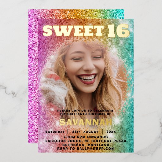 ガーリーグリッターカラフルスウィート16パーティー 箔招待状 (正面/裏面)