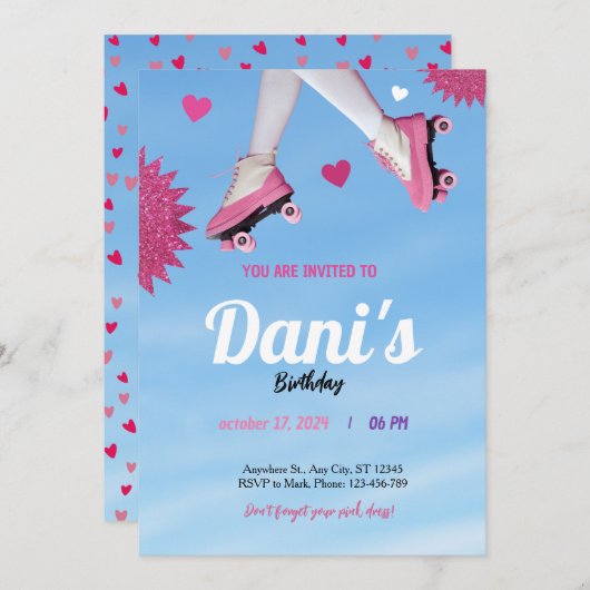 ガーリーグリッターピンクかわいい青空の誕生日 招待状 (正面/裏面)