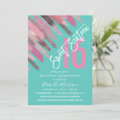 ガーリーグリッター絵を描ブラッシュストロークのピンクティール(緑がかった色)スウィート16 招待状 (スタンド正面)