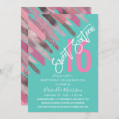 ガーリーグリッター絵を描ブラッシュストロークのピンクティール(緑がかった色)スウィート16 招待状 (正面/裏面)