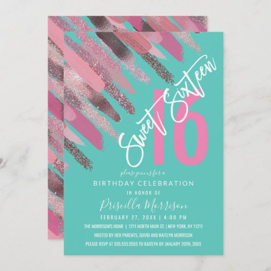 ガーリーグリッター絵を描ブラッシュストロークのピンクティール（緑がかった色）スウィート16 招待状 (正面/裏面)