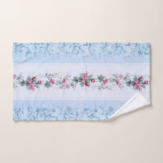 ガーリーコテージシックなピンクとブルーのバラ バスタオルセット (ハンドタオル)