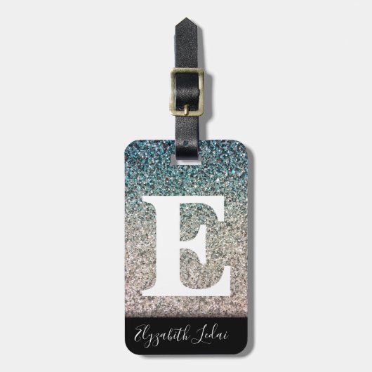 ガーリーターコイズブルーシルバーグラデーショングリッタースパークレス ラゲッジタグ (正面縦)