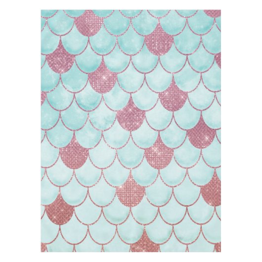 ガーリーティール（緑がかった色）ピンクグリッター水彩人魚はかりで測 テーブルクロス (正面)