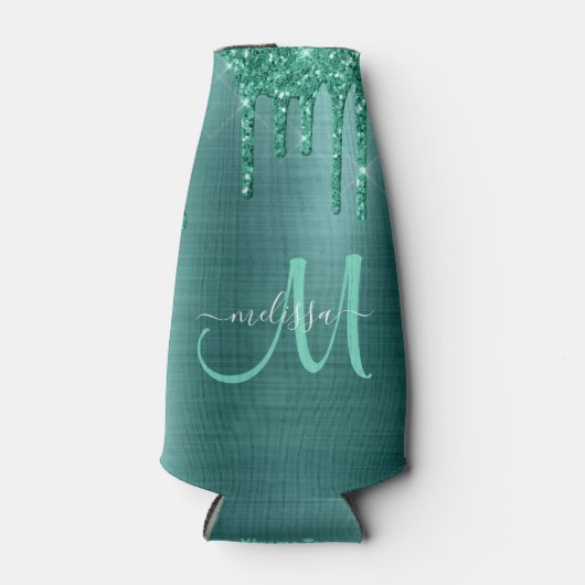 ガーリーティール（緑がかった色）滴下グリッターブラシ仕上げ金属モノグラム ボトルクーラー (正面)