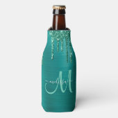 ガーリーティール（緑がかった色）滴下グリッターブラシ仕上げ金属モノグラム ボトルクーラー (ボトル正面)