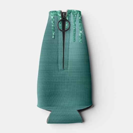 ガーリーティール（緑がかった色）滴下グリッターブラシ仕上げ金属モノグラム ボトルクーラー (裏面)