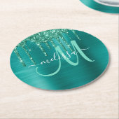 ガーリーティール(緑がかった色)滴下グリッターブラシ仕上げ金属モノグラム ラウンドペーパーコースター (アングル)