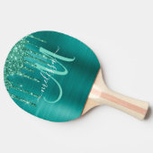 ガーリーティール(緑がかった色)滴下グリッターブラシ仕上げ金属モノグラム 卓球ラケット (横)