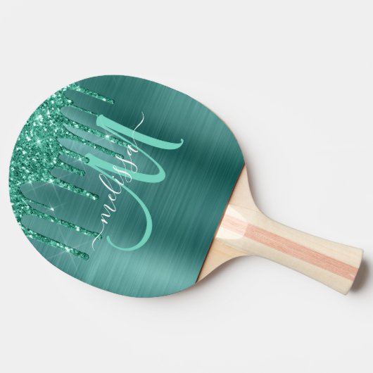 ガーリーティール（緑がかった色）滴下グリッターブラシ仕上げ金属モノグラム 卓球ラケット (横)