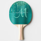 ガーリーティール（緑がかった色）滴下グリッターブラシ仕上げ金属モノグラム 卓球ラケット (正面)
