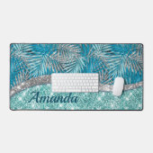 ガーリーティール(緑がかった色)緑銀グリッター葉モノグラム デスクマット (キーボード&マウス)