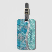 ガーリーティール(緑がかった色)緑銀グリッター葉モノグラム ラゲッジタグ (正面縦)
