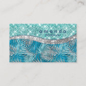 ガーリーティール(緑がかった色)緑銀グリッター葉モノグラム 名刺 (正面)