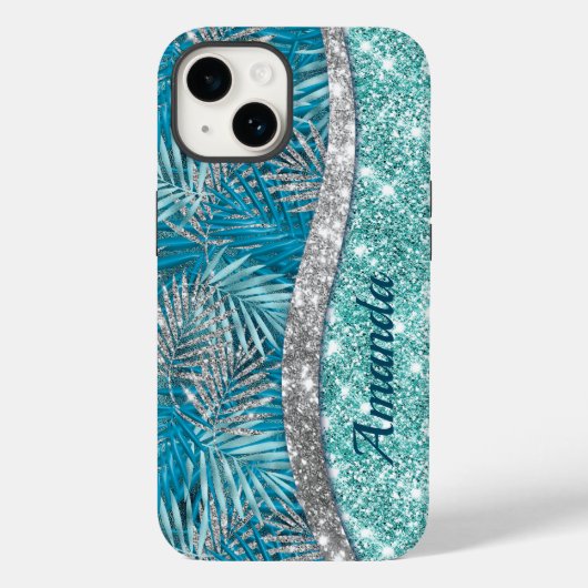 ガーリーティール(緑がかった色)緑銀グリッター葉モノグラム Case-Mate iPhoneケース (裏面)