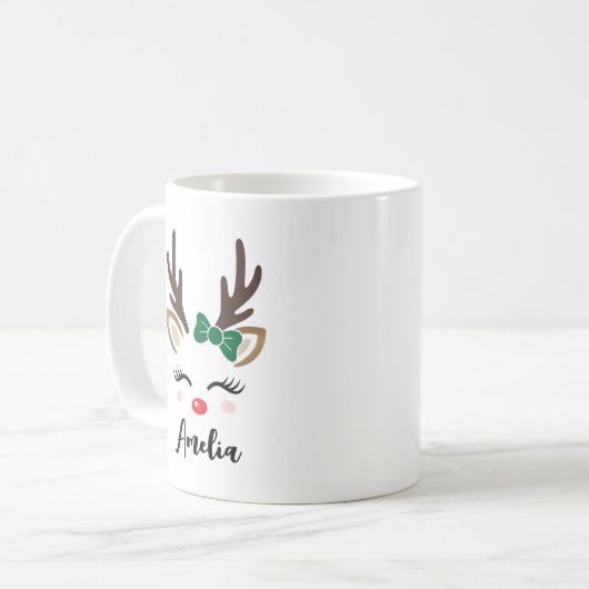 ガーリートナカイ顔名パーソナライズされたクリスマス コーヒーマグカップ (正面左)