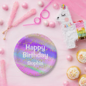 ガーリーハッピーバースデーカラフルユニコーン金ゴールドグリッター ペーパープレート (パーティー)