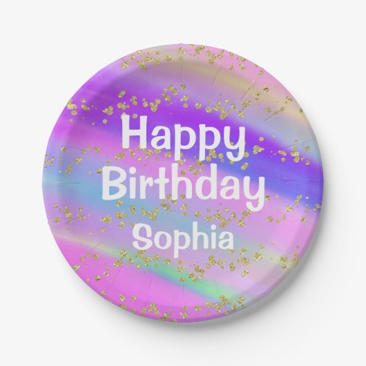 ガーリーハッピーバースデーカラフルユニコーン金ゴールドグリッター ペーパープレート (正面)