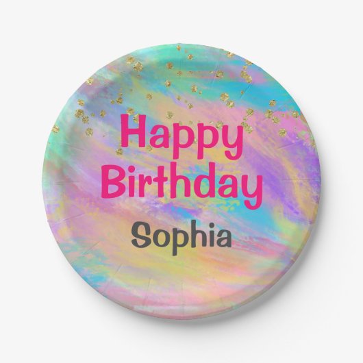 ガーリーハッピーバースデーカラフルユニコーン金ゴールドグリッター ペーパープレート (正面)