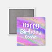 ガーリーハッピーバースデーカラフルユニコーン金ゴールドグリッター マグネット (正面/裏面)