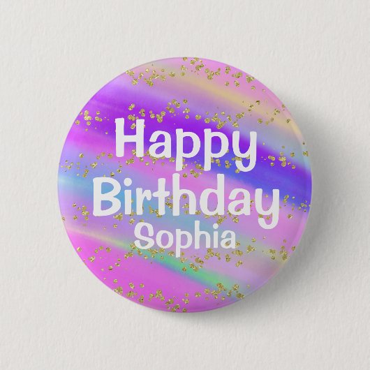 ガーリーハッピーバースデーカラフルユニコーン金ゴールドグリッター 缶バッジ (正面)