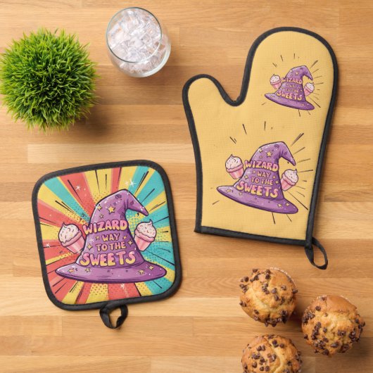 ガーリーハロウィーン – スイーツへのウィザードウェイ 鍋つかみ&鍋敷きセット (トップダウン)