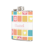 ガーリーハートスクエアパターンレトロデイジー花 フラスク (左)