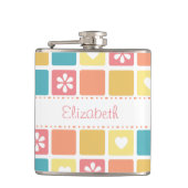 ガーリーハートスクエアパターンレトロデイジー花 フラスク (正面)