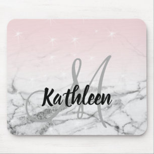 ガーリーバラピンクグレーマーブルモノグラム名 マウスパッド