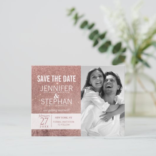 ガーリーバラモダン金ゴールドグリッターフォイル日付を保存 案内ポストカード (スタンド正面)