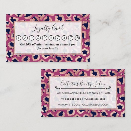 ガーリーバラモダン金ゴールドネイビーパープルヒョウ印刷 ロイヤリティカード (正面/裏面)