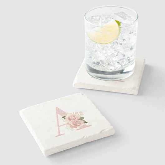 ガーリーバラ淡い色の金ゴールドグリッターフローラモノグラムA ストーンコースター (横)