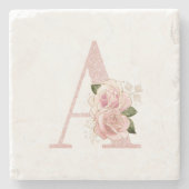 ガーリーバラ淡い色の金ゴールドグリッターフローラモノグラムA ストーンコースター (正面)