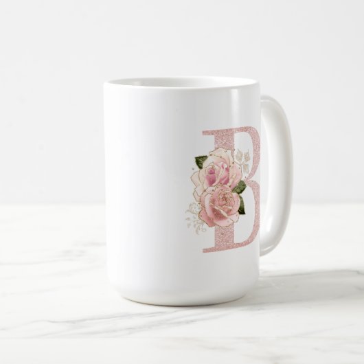ガーリーバラ淡い色の金ゴールドグリッターフローラモノグラムB コーヒーマグカップ (正面右)