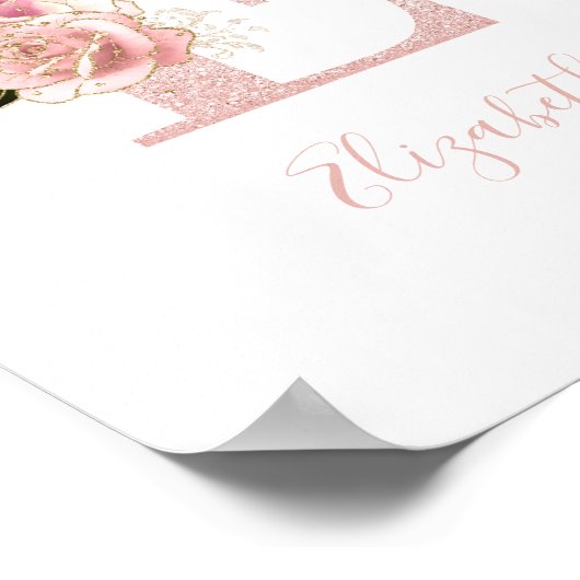 ガーリーバラ淡い色の金ゴールドグリッターフローラモノグラムE ポスター (角)