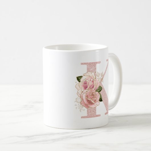 ガーリーバラ淡い色の金ゴールドグリッターフローラモノグラムK コーヒーマグカップ (正面右)