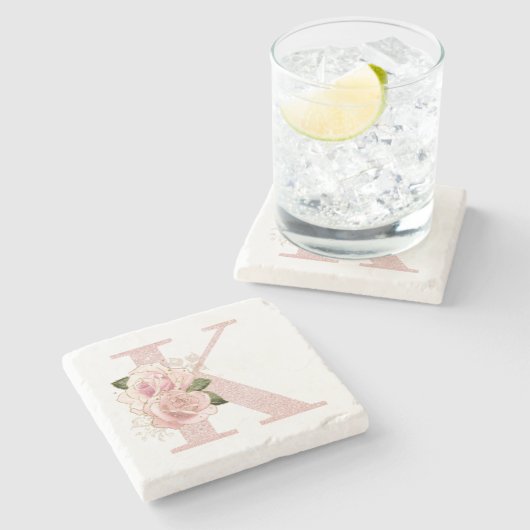 ガーリーバラ淡い色の金ゴールドグリッターフローラモノグラムK ストーンコースター (横)