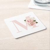 ガーリーバラ金ゴールドグリッターフローラ赤面モノグラム スクエアペーパーコースター (アングル)