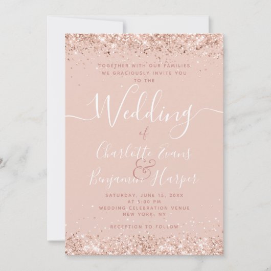 ガーリーバラ金ゴールドグリッター結婚式招待状 招待状 (正面)