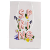 ガーリーバラ金ゴールドトレンディーフラワー春タイポグラフィ ミディアムペーパーバッグ (裏面)