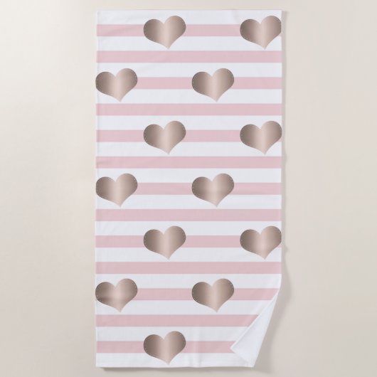 ガーリーバラ金ゴールドハートストライプ、-パーソナライズされた ビーチタオル (正面)